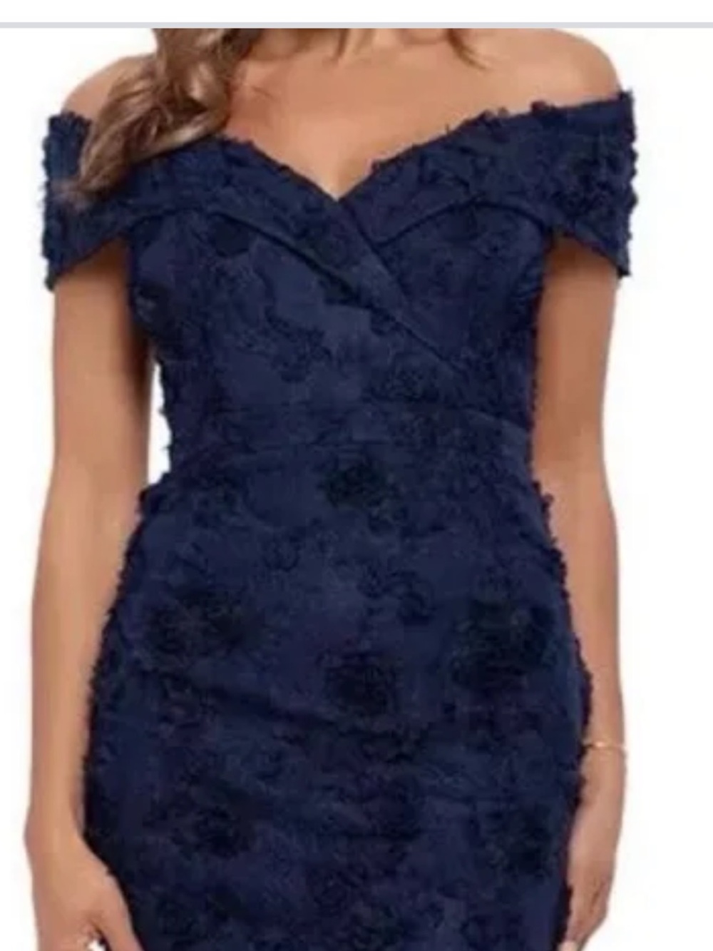 Escape Textured Navy Midi Dress with Floral Appliqué and V-Neck
